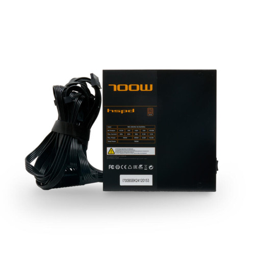 Блок питания/ Power Supply HSPD, 700W 80+ Bronze (ATX, 2.31, Semi-modular, 1x24(20+4)pin 550mm, 1xCPU*2 8(4+4)pin 600+150mm, 1xPCIe*2 8(6+2)pin 500+150mm, 2xSATA*3 400+150+150mm, 1xMOLEX4pin*3+FDD 400+150+150+150mm , Active, 120x120mm, 150x140x86mm, APFC,