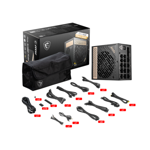 Блок питания ПК/ Power Supply MSI MEG Ai1300P PCIE5, 1300W 80+ Platinum (ATX, 3.1, PCIe 5.1, Full modular, 1x24(20+4)pin, 1xCPU 8(4+4)pin, 8xPCIe*2 8(6+2)pin, 1x12VHPWR, 16xSATA3, 4xMOLEX4pin, Active, 120x120mm, 160x150x86mm, APFC, black)