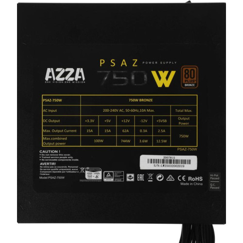 Блок питания Azza ATX 750W PSAZ-750W 80+ bronze (20+4pin) APFC 120mm fan 5xSATA RTL