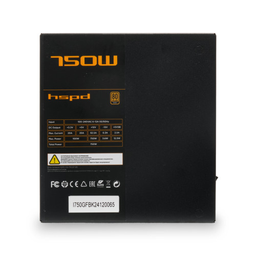 Блок питания HSPD, 750W 80+ Gold (ATX, 3.1, PCIe 5.1, Full modular, 1x24(20+4)pin 600mm, 2xCPU 8(4+4)pin 700mm, 2xPCIe*2 8(6+2)pin 550+150mm, 1x12V(2x6) 12+4pin 600W 550mm  2xSATA*3 500+150+150mm, 1xMOLEX4pin*3+FDD 500+150+150+150mm , Active, 120x120mm, 1