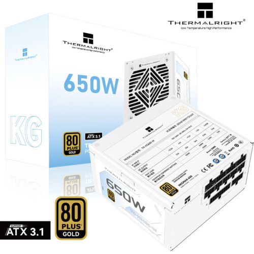 Блок питания 650W/ Power Supply Thermalright, 650W 80+ Gold (ATX, 3.1, Full modular, 1x24(20+4)pin, 2xCPU 8(4+4)pin, 2xPCIe*2 8(6+2)pin, 8xSATA3, 3xMOLEX4pin, Active, 120x120mm, 150x140x86mm, APFC, OVP, UVP, SCP, OCP, OTP, OPP, white)