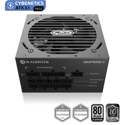 Блоки питания/ Power Supply Raijintek AMPERE II 850, 850W 80+ Platinum (ATX, 3.1, PCIe 5.1, Full-modular, 1x24(20+4)pin, 2x4+4-pin CPU, 3x6+2-pin PCIe, 1x12V(2x6), 10xSATA3, 5xMolex, Active, 120x120mm, 150x140x86mm, APFC, black)
