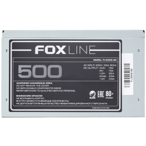 Блок питания 500Вт/ Power Supply Foxline, 500W, ATX, APFC, 120FAN, CPU 8(4+4)pin, MB 24pin, PCI-E 6+2pin, 1*PATA, 3*SATA, 80+ Блок питания 500Вт/ Power Supply Foxline, 500W, ATX, APFC, 120FAN, CPU 8(4+4)pin, MB 24pin, PCI-E 6+2pin, 1*PATA, 3*SATA, 80+