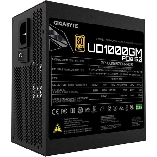 Блок питания Gigabyte ATX 1000W GP-UD1000GM PG5 Gen.5 80+ gold (20+4pin) APFC 120mm fan 8xSATA Cab Manag RTL [GP-UD1000GM PG5]