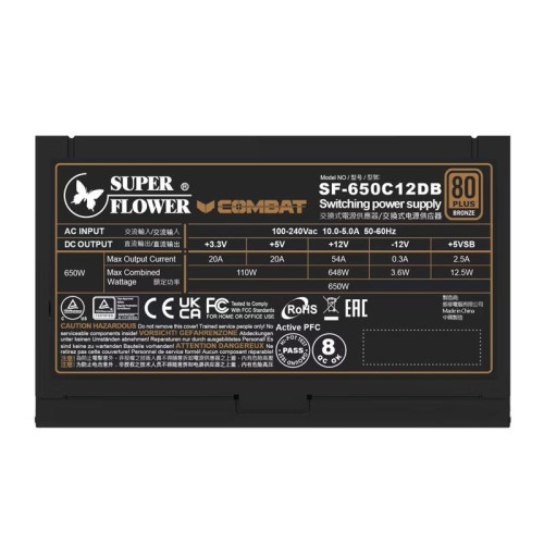 Блок питания 650Вт/ Super Flower Power Supply Combat DB, 650W, ATX, 120mm, 4xSATA, 3xPCI-E(6+2), APFC, 80+ Bronze, non-Modular