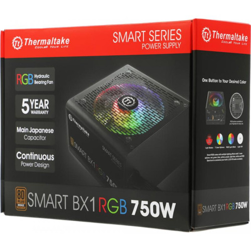Блок питания Thermaltake ATX 750W Smart BX1 RGB 80+ bronze (20+4pin) APFC 120mm fan color LED 8xSATA RTL [PS-SPR-0750NHSABE-1]
