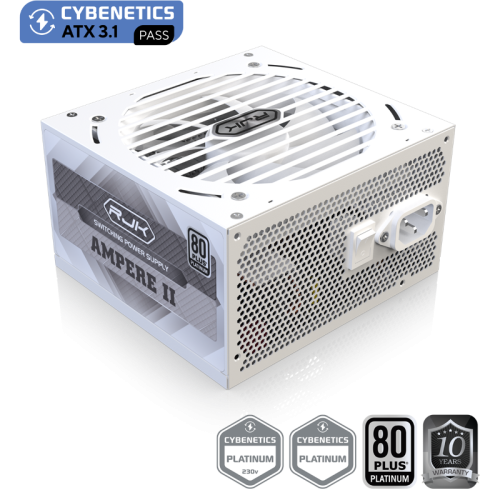 Блоки питания/ Power Supply Raijintek AMPERE II 850, 850W 80+ Platinum (ATX, 3.1, PCIe 5.1, Full-modular, 1x24(20+4)pin, 2x4+4-pin CPU, 3x6+2-pin PCIe, 1x12V(2x6), 10xSATA3, 5xMolex, Active, 120x120mm, 150x140x86mm, APFC, white)