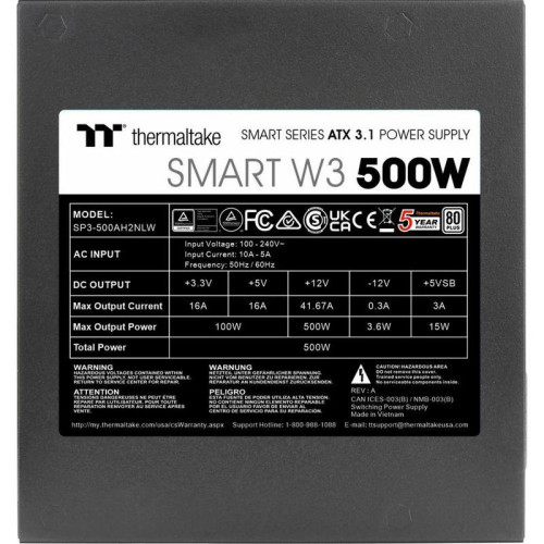 Блок питания ПК Thermaltake Smart W3 500 /Non Modular/Non Light/Full Range/Analog/80 Plus/EU/Non JP CAP/All Flat Cables/ATX 3.1
