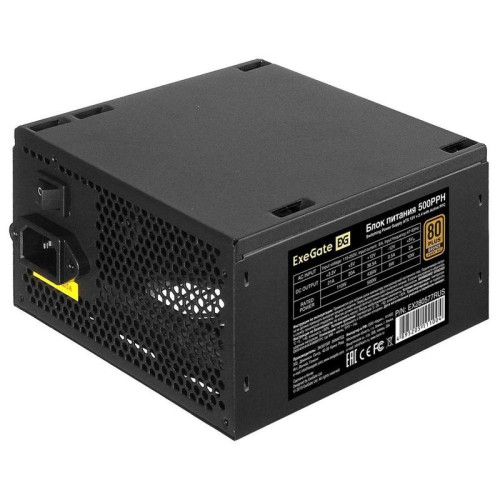 Блок питания 500W ExeGate 80 PLUS Bronze 500PPH-S (ATX, APFC, SC, КПД 88% (80 PLUS Bronze), 12cm fan, 24pin, 2x(4+4)pin, 4xPCI-E, 6xSATA, 3xIDE, кабель 220V 1,8м с защитой от выдергивания, black, Color Box)