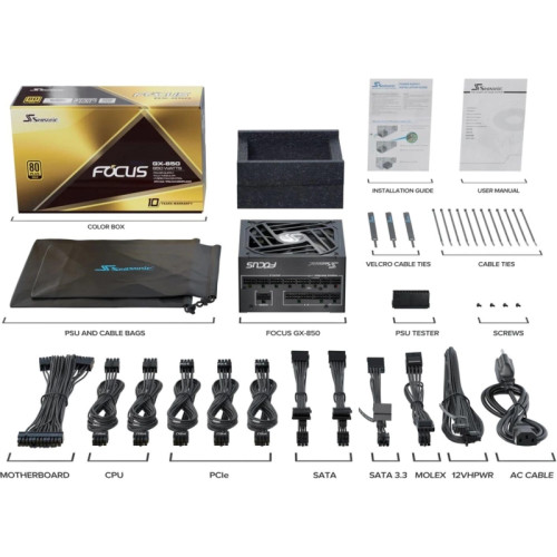 Блок питания Seasonic ATX 850W Focus GX-850 80+ gold (20+4pin) APFC 135mm fan 10xSATA Cab Manag RTL [GX-850 V4 SRP-FGX851-A5A32SF]