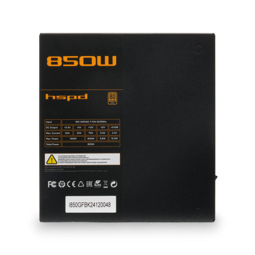 Блок питания/ Power Supply HSPD, 850W 80+ Gold (ATX, 3.1, PCIe 5.1, Full modular, 1x24(20+4)pin 600mm, 2xCPU 8(4+4)pin 700mm, 2xPCIe*2 8(6+2)pin 550+150mm, 1x12V(2x6) 12+4pin 600W 550mm 2xSATA*3 500+150+150mm, 1xMOLEX4pin*3+FDD 500+150+150+150mm , Active Блок питания/ Power Supply HSPD, 850W 80+ Gold (ATX, 3.1, PCIe 5.1, Full modular, 1x24(20+4)pin 600mm, 2xCPU 8(4+4)pin 700mm, 2xPCIe*2 8(6+2)pin 550+150mm, 1x12V(2x6) 12+4pin 600W 550mm 2xSATA*3 500+150+150mm, 1xMOLEX4pin*3+FDD 500+150+150+150mm , Active