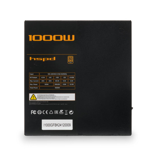 Блок питания/ Power Supply HSPD, 1000W 80+ Gold (ATX, 3.1, PCIe 5.1, Full modular, 1x24(20+4)pin 600mm, 2xCPU 8(4+4)pin 700mm, 2xPCIe*2 8(6+2)pin 550+150mm, 1x12V(2x6) 12+4pin 600W 550mm  2xSATA*3 500+150+150mm, 1xMOLEX4pin*3+FDD 500+150+150+150mm , Activ