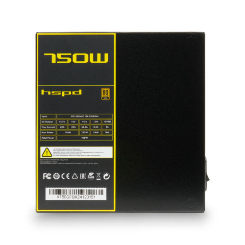 Блок питания/ HSPD, 750W 80+ Gold (ATX, 2.52, Full modular, 1x24(20+4)pin mesh 550mm, 1xCPU*2 8(4+4)pin 650+150mm, 2xPCIe*2 8(6+2)pin 500+150mm, 2xSATA*3 450+150+150mm, 1xMOLEX4pin*3 450+150+150mm , Active, 120x120mm, 150x140x86mm, APFC, OVP, UVP, SCP, OC