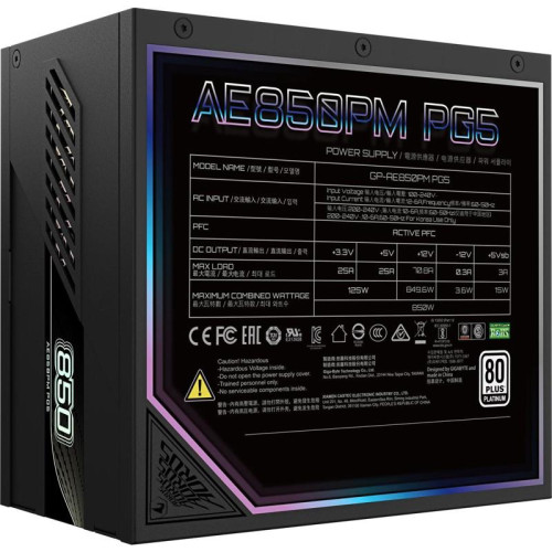 Блок питания Gigabyte ATX 850W Aorus Elite GP-AE850PM PG5 Gen.5 80+ platinum (20+4pin) APFC 120mm fan 8xSATA Cab Manag RTL [GP-AE850PM PG5]