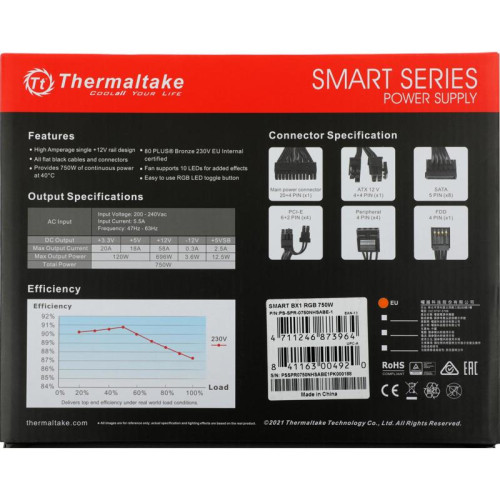 Блок питания Thermaltake ATX 750W Smart BX1 RGB 80+ bronze (20+4pin) APFC 120mm fan color LED 8xSATA RTL [PS-SPR-0750NHSABE-1]