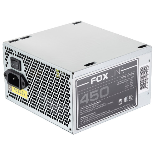 Блок питания 450Вт/ Power Supply Foxline, 450W, ATX, APFC, 120FAN, CPU 4+4  pin, MB 24pin, 5xSATA, 2xPATA, 1xFDD, 1xPCI-E 6pin, 80+