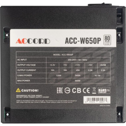 Блок питания Accord ATX 650W ACC-W650P 80 PLUS WHITE (20+4pin) 120mm fan 6xSATA RTL [ACC-W650P]
