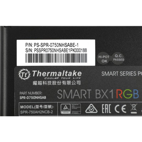 Блок питания Thermaltake ATX 750W Smart BX1 RGB 80+ bronze (20+4pin) APFC 120mm fan color LED 8xSATA RTL [PS-SPR-0750NHSABE-1]