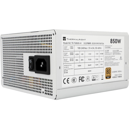 Блок питания ПК/ Power Supply Thermalright, 850W 80+ Gold (ATX, 3.0, PCIe 5.0, Non-modular, 1x24(20+4)pin, 1xCPU 8(4+4)pin, 2xPCIe*2 8(6+2)pin, 5xSATA3, 1x12+4pin (12VHPWR PCIe 5.0 12+4pin 600mm), 3xMOLEX4pin, Active, 120x120mm, 150x140x86mm, APFC, white)