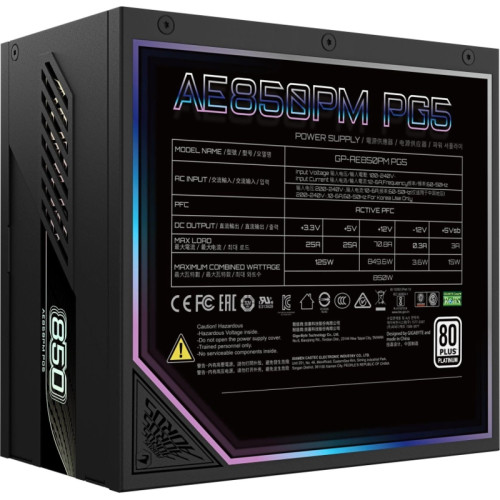Блоки питания/ Power Supply Gigabyte AORUS ELITE P850W, 850W 80+ Platinum (ATX, 3.0, PCIe 5.0, Full modular, 1x24(20+4)pin, 1x12VHPWR, 2x4+4-pin CPU, 4xMolex, 6x6+2-pin PCIe, 8xSATA3, Active, 120x120mm, 150x140x86mm, APFC, black) Блоки питания/ Power Supply Gigabyte AORUS ELITE P850W, 850W 80+ Platinum (ATX, 3.0, PCIe 5.0, Full modular, 1x24(20+4)pin, 1x12VHPWR, 2x4+4-pin CPU, 4xMolex, 6x6+2-pin PCIe, 8xSATA3, Active, 120x120mm, 150x140x86mm, APFC, black)