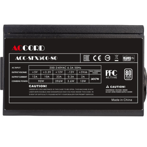 Блок питания Accord SFX 500W ACC-SFX500-80 24pin APFC 80mm fan 3xSATA RTL [ACC-SFX500-80]