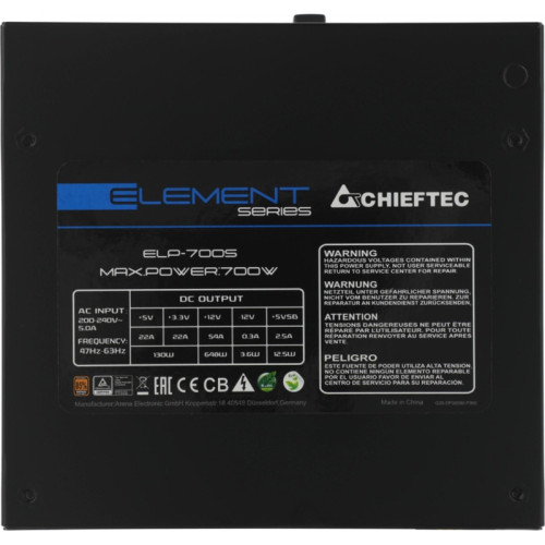 Блок питания Chieftec ATX 700W Element ELP-700S-Bulk 80+ bronze 24pin APFC 120mm fan 6xSATA [ELP-700S-BULK]