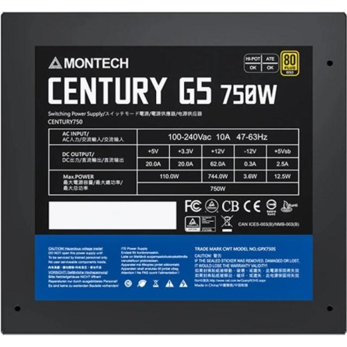 Блок питания Montech ATX 750W CENTURY GOLD G5 80+ gold (20+4pin) APFC 120mm fan 10xSATA Cab Manag RTL