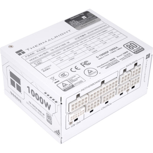 Блок питания 1000W/ Power Supply Thermalright, 1000W 80+ Platinum (SFX, 3.1, PCIe 5.1, Full modular, 1x24(20+4)pin, 1xCPU 8(4+4)pin, 2xPCIe*2 8(6+2)pin, 1x12V-2x6, 6xSATA3, 3xMOLEX4pin, Active, 92x92mm, 100x125x64mm, APFC, OPP, OVP, OTP, OCP, SCP, UVP, wh