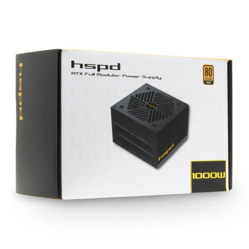 Блок питания/ HSPD, 1000W 80+ Gold (ATX, 2.52, Full modular, 1x24(20+4)pin mesh 550mm, 1xCPU*2 8(4+4)pin 650+150mm, 2xPCIe*2 8(6+2)pin 500+150mm, 2xSATA*3 450+150+150mm, 1xMOLEX4pin*3 450+150+150mm , Active, 120x120mm, 150x140x86mm, APFC, OVP, UVP, SCP, O