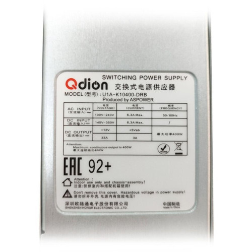 Блок питания Qdion U1A-K10400-DRB 1U Slim 400W (ШВГ=50.5*40*196mm), 80+ Golg, Oper.temp 0C;50C, AC/DC dual input (ASPower) OEM Блок питания Qdion U1A-K10400-DRB 1U Slim 400W (ШВГ=50.5*40*196mm), 80+ Golg, Oper.temp 0C;50C, AC/DC dual input (ASPower) OEM