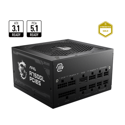 Блок питания ПК/ Power Supply MSI MAG A750GL PCIE5, 750W 80+ Gold (ATX, 3.1, PCIe 5.1, Full modular, 1x24(20+4)pin, 2xCPU 8(4+4)pin, 3xPCIe*2 8(6+2)pin, 1x12VHPWR, 8xSATA3, 4xMOLEX4pin, Active, 120x120mm, 140x150x86mm, APFC, black)