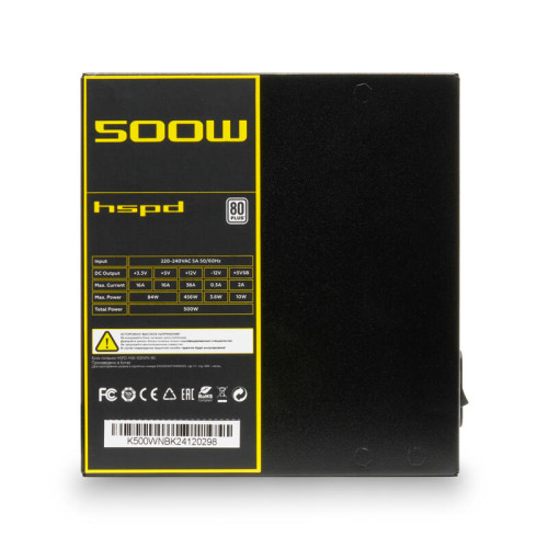 Блок питания/ HSPD, 500W 80+ White (ATX, 2.52, Non-modular, 1x24(20+4)pin 500mm, 1xCPU 8(4+4)pin 550mm, 1xPCIe*2 8(6+2)pin 500+150mm, 2xSATA*3 400+150+150mm, 1xMOLEX4pin*3 400+150+150mm , Active, 120x120mm, 150x140x86mm, APFC, OVP, UVP, SCP, OPP, NLO, SIP