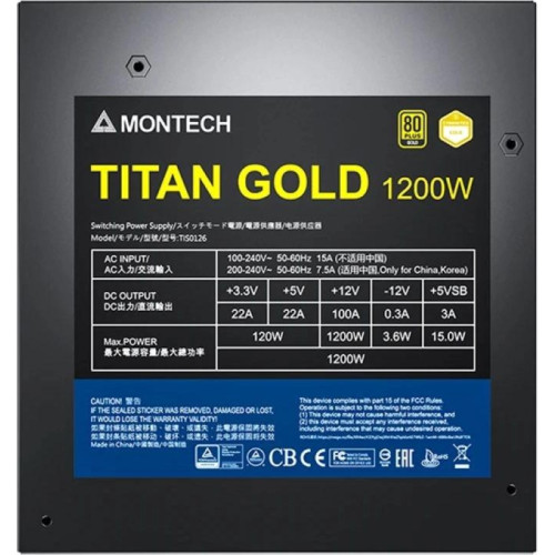 Блок питания Montech ATX 1200W TITAN GOLD Gen.5 80+ gold (20+4pin) APFC 135mm fan 12xSATA Cab Manag RTL Блок питания Montech ATX 1200W TITAN GOLD Gen.5 80+ gold (20+4pin) APFC 135mm fan 12xSATA Cab Manag RTL