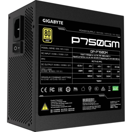 Блоки питания/ Power Supply Gigabyte GP-P750GM, 750W 80+ Gold (ATX, 2.31, Full modular, 1x24(20+4)pin, 2x4+4-pin CPU, 3xMolex, 4x6+2-pin PCIe, 8xSATA3, Active, 120x120mm, 150x140x86mm, APFC, black)