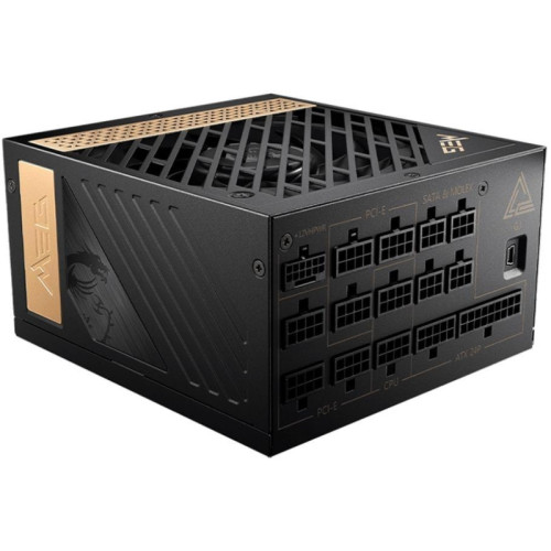 Блок питания ПК/ Power Supply MSI MEG Ai1300P PCIE5, 1300W 80+ Platinum (ATX, 3.1, PCIe 5.1, Full modular, 1x24(20+4)pin, 1xCPU 8(4+4)pin, 8xPCIe*2 8(6+2)pin, 1x12VHPWR, 16xSATA3, 4xMOLEX4pin, Active, 120x120mm, 160x150x86mm, APFC, black)