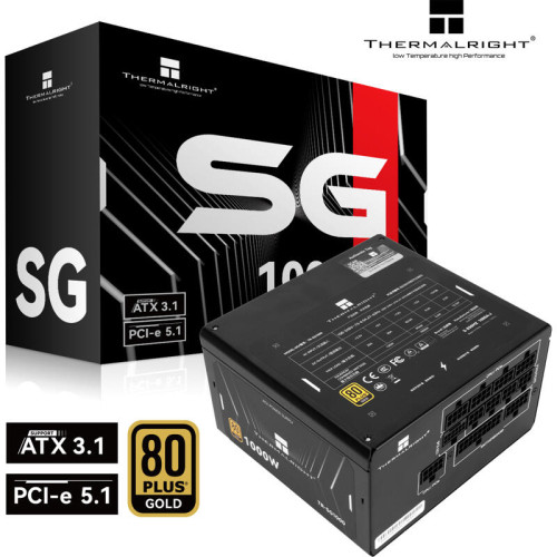 Блок питания 1000W/ Power Supply Thermalright, 1000W 80+ Gold (ATX, 3.1, PCIe 5.1, Full modular, 1x24(20+4)pin 600mm, 2xCPU 8(4+4)pin 650mm, 3xPCIe*2 8(6+2)pin 650+150mm, 1x12V-2x6, 7xSATA, 6xMOLEX4pin, Active, 120x120mm, 150x140x85mm, APFC, black)
