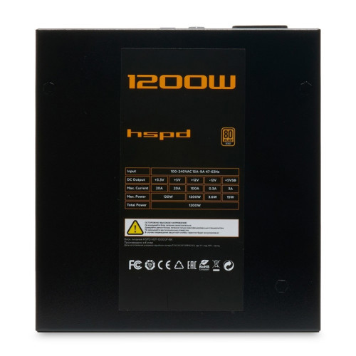 Блок питания/ Power Supply HSPD, 1200W 80+ Gold (ATX, 2.52, Full modular, 1x24(20+4)pin 600mm, 2xCPU 8(4+4)pin 700mm, 2xPCIe*2 8(6+2)pin 600+150mm, 2xSATA*3 500+150+150mm, 1xMOLEX*3 500+150+150mm , Active, 120x120mm, 150x140x86mm, APFC, OVP, OPP, SCP, UVP