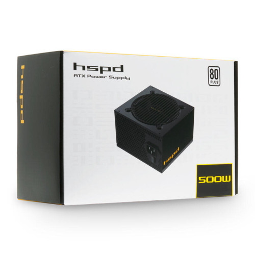 Блок питания/ HSPD, 500W 80+ White (ATX, 2.52, Non-modular, 1x24(20+4)pin 500mm, 1xCPU 8(4+4)pin 550mm, 1xPCIe*2 8(6+2)pin 500+150mm, 2xSATA*3 400+150+150mm, 1xMOLEX4pin*3 400+150+150mm , Active, 120x120mm, 150x140x86mm, APFC, OVP, UVP, SCP, OPP, NLO, SIP