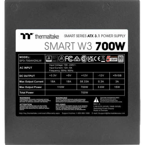 Блок питания Thermaltake ATX 700W Smart W3 80+ (20+4pin) APFC 120mm fan color LED 6xSATA RTL [PS-SPW-0700NNFAWE-1]