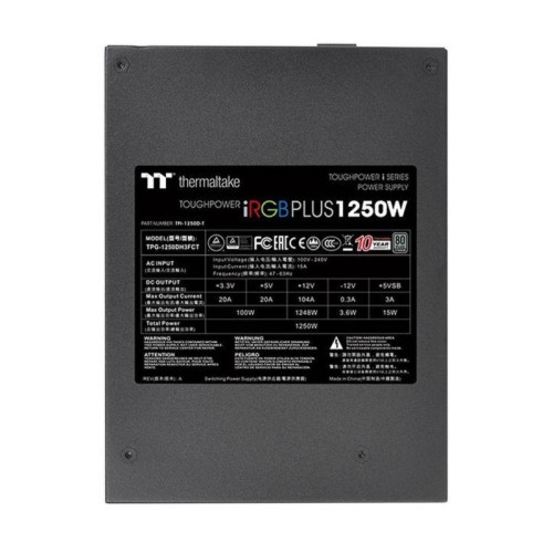 Блок питания Thermaltake Toughpower iRGB PLUS 1250W Titanium /1250W/Fully Modular/Riing Duo/Full Range/Digital/80 Plus Titanium/EU/106% JP CAP/All Flat Cables