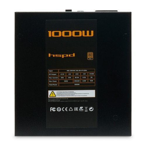 Блок питания/ Power Supply HSPD, 1000W 80+ Gold (ATX, 2.52, Full modular, 1x24(20+4)pin 600mm, 2xCPU 8(4+4)pin 700mm, 2xPCIe*2 8(6+2)pin 600+150mm, 2xSATA*3 500+150+150mm, 1xMOLEX*3 500+150+150mm , Active, 120x120mm, 150x140x86mm, APFC, OVP, OPP, SCP, UVP