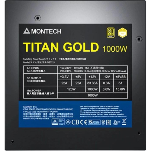 Блок питания Montech ATX 1000W TITAN GOLD Gen.5 80+ gold (20+4pin) APFC 135mm fan 12xSATA Cab Manag RTL