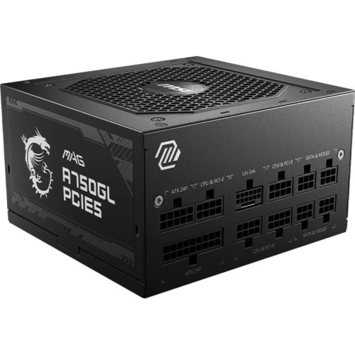 Блок питания ПК/ Power Supply MSI MAG A750GL PCIE5, 750W 80+ Gold (ATX, 3.1, PCIe 5.1, Full modular, 1x24(20+4)pin, 2xCPU 8(4+4)pin, 3xPCIe*2 8(6+2)pin, 1x12VHPWR, 8xSATA3, 4xMOLEX4pin, Active, 120x120mm, 140x150x86mm, APFC, black)