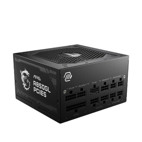 Блок питания ПК/ Power Supply MSI MAG A850GL PCIE5, 850W 80+ Gold (ATX, 3.0, PCIe 5.0, Full modular, 1x24(20+4)pin, 2xCPU 8(4+4)pin, 4xPCIe*2 8(6+2)pin, 1x12VHPWR, 8xSATA3, 4xMOLEX4pin, Active, 120x120mm, 150x140x86mm, APFC, black)
