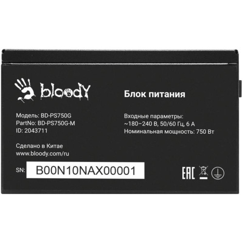 Блок питания Bloody ATX 750W BD-PS750G 80+ gold (20+4pin) APFC 120mm fan color LED 6xSATA Cab Manag RTL [BD-PS750G-MR]