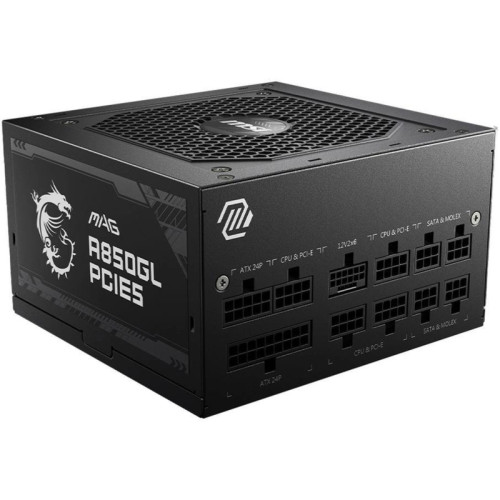 Блок питания ПК/ Power Supply MSI MAG A850GL PCIE5, 850W 80+ Gold (ATX, 3.0, PCIe 5.0, Full modular, 1x24(20+4)pin, 2xCPU 8(4+4)pin, 4xPCIe*2 8(6+2)pin, 1x12VHPWR, 8xSATA3, 4xMOLEX4pin, Active, 120x120mm, 150x140x86mm, APFC, black)