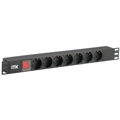 PDU 7 розеток DIN49440 (нем. cтанд.), с LED выключателем,1U, без шнура, вх. IEC320 C14, алюминиевый профиль, черный