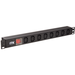 PDU 8 розеток C13 с LED выключателем,1U, вх. С14, без шнура, алюминиевый профиль