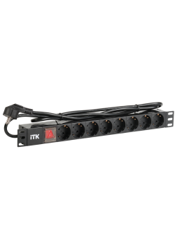 ITK PDU 8 розеток DIN49440 (нем. cтанд.) с LED выключателем, 1U, шнур 2м вилка DIN49441 (нем. станд.), профиль из ПВХ, черный