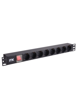 PDU 8 розеток нем. стандарт, с LED выключателем,1U, без шнура, вх. C14, алюминиевый профиль